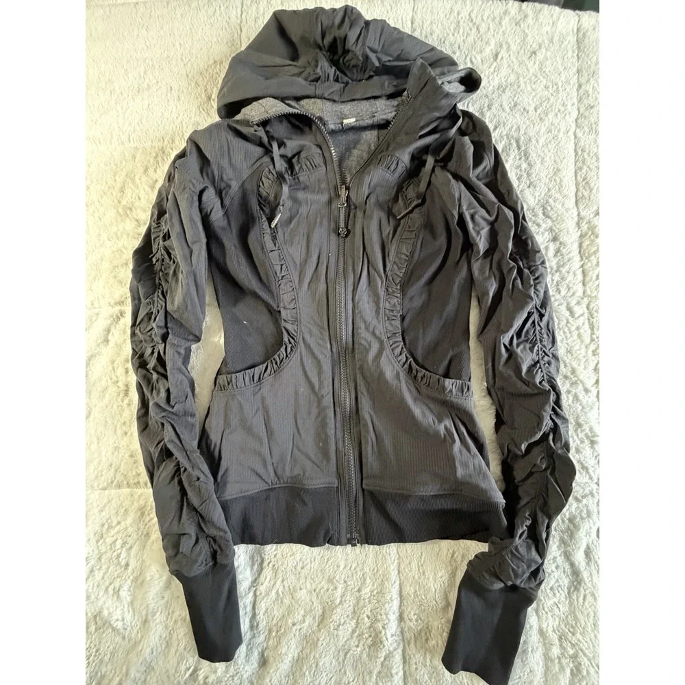 Lululemon‎ Dance Studio Jacket Womens 4 Black Hooded Full Zip Thumbholes